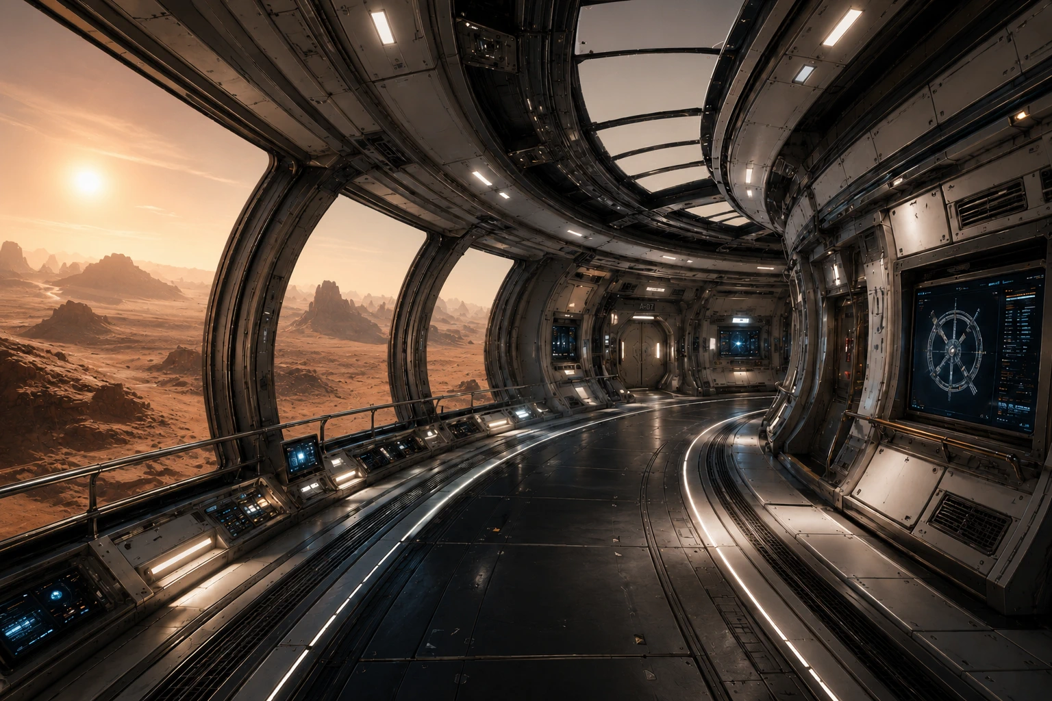 Futuristic enclosed corridor overlooking an alien desert