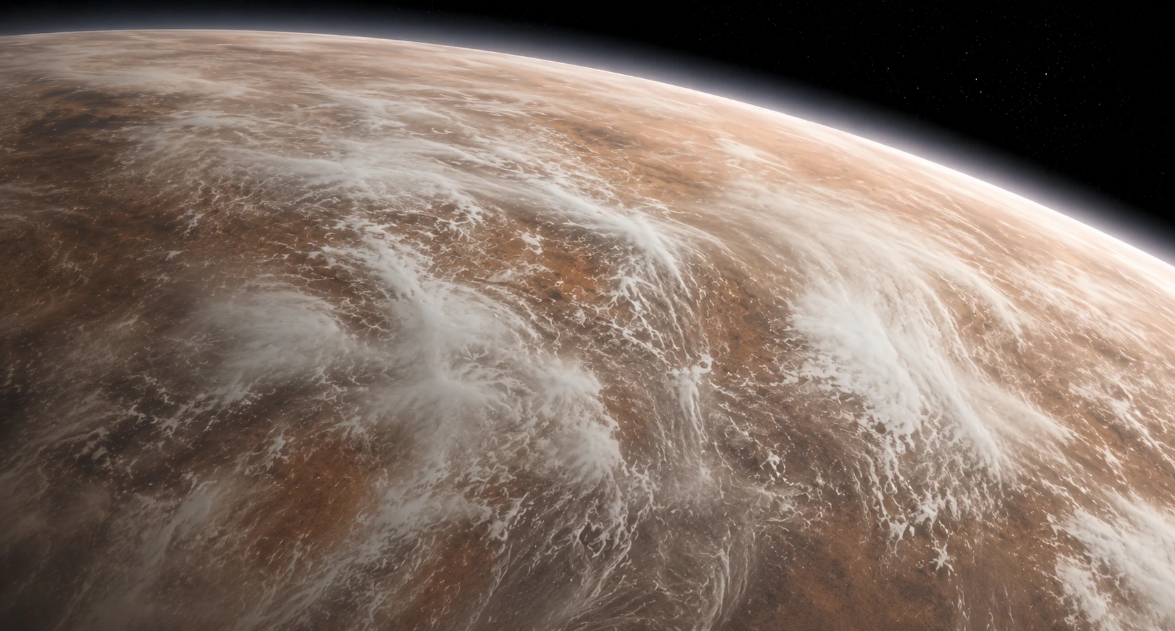 Orbital view of a dry storm-wrapped desert planet