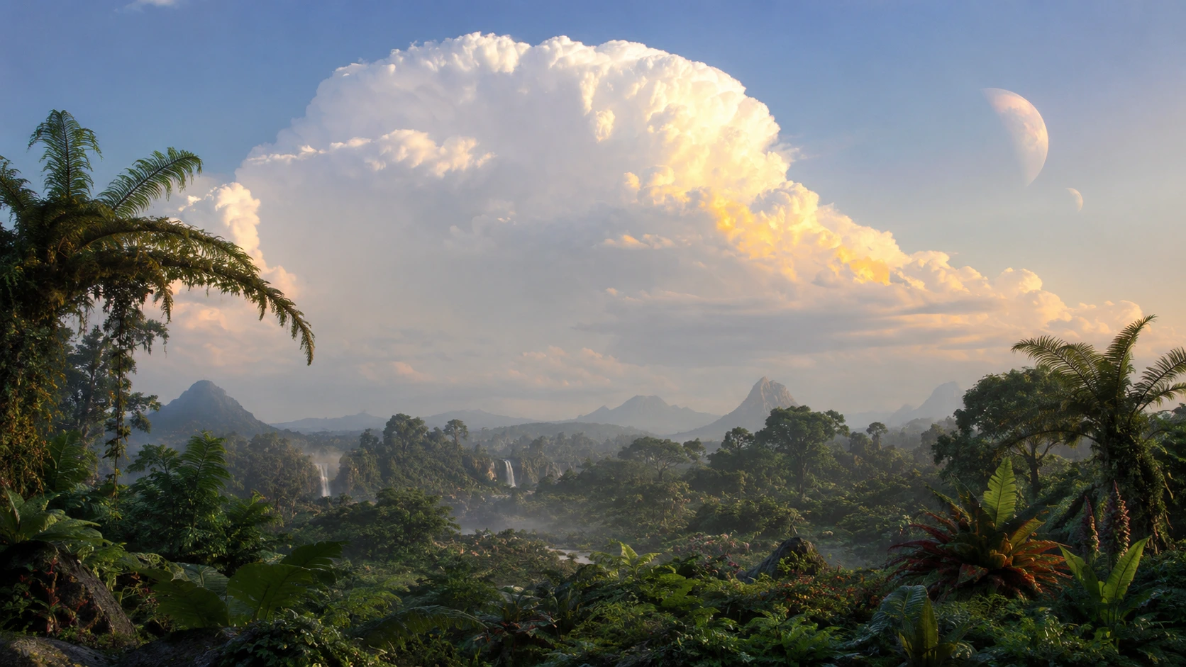 Alien jungle beneath towering clouds and distant moons